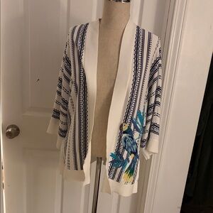 Chico's White and Blue Striped Cardigan with Parrot Design